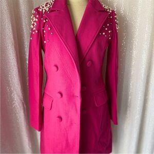 Chic Fuchsia Double-Breasted Blazer with Pearl Accents